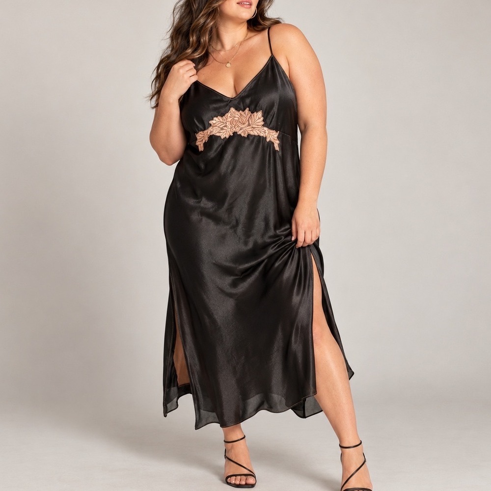 Black Satin Slip Dress 2X Rose Lace Applique Y2K Dark Romance Whimsygoth